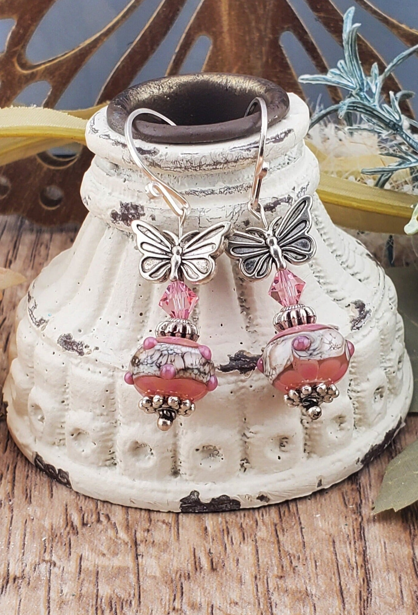 Butterfly Kisses Artisan Glass Earrings, Lampwork Glass Bead by Grace Lampwork Beads, Silver Filled Earring Wire