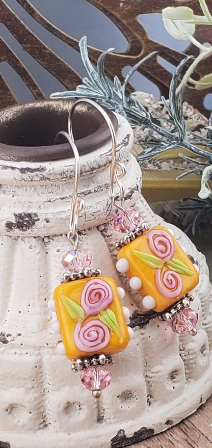 Citrus Blooms Artisan Glass Earrings, Lampwork Glass Bead by Grace Lampwork Beads, Silver Filled Earring Wire