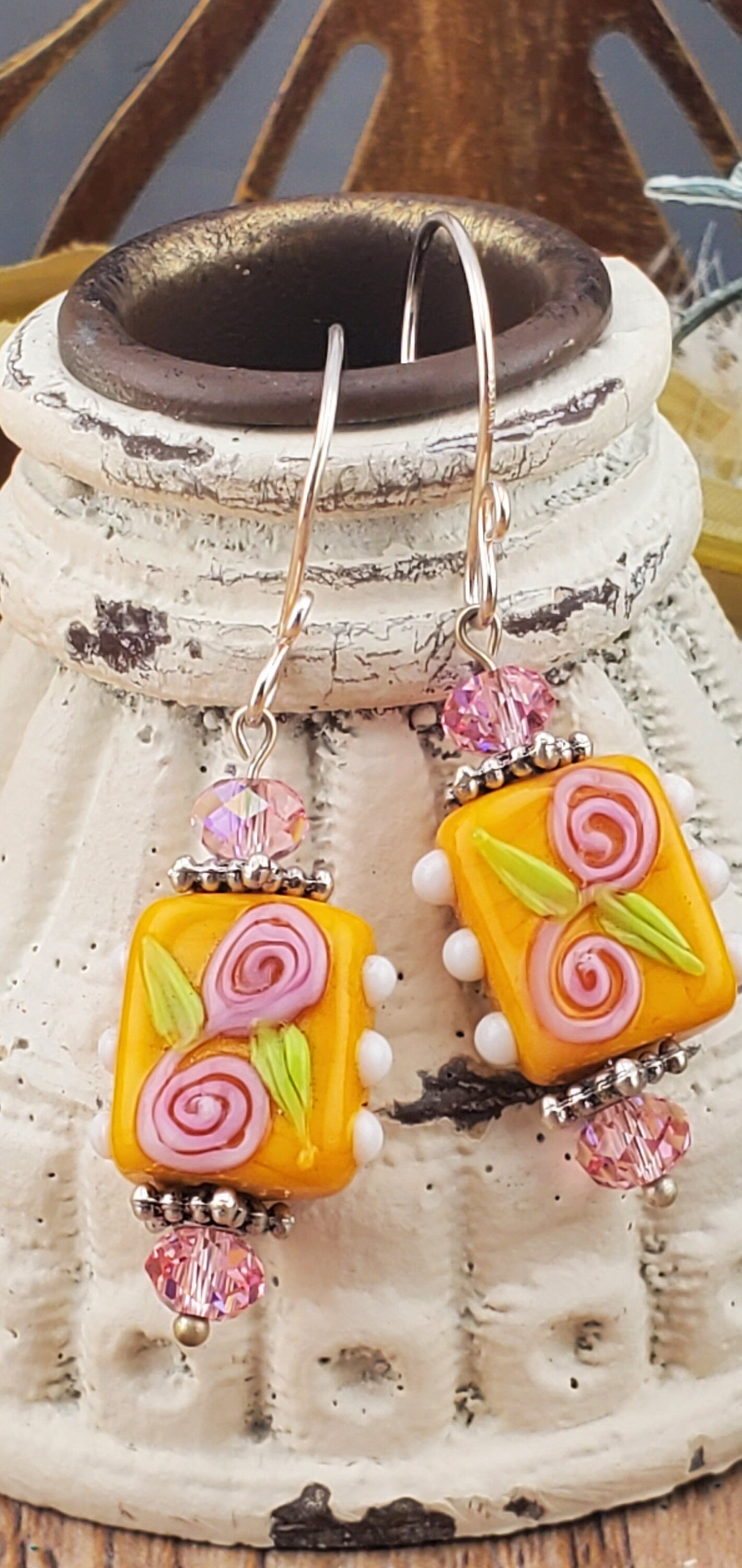 Citrus Blooms Artisan Glass Earrings, Lampwork Glass Bead by Grace Lampwork Beads, Silver Filled Earring Wire