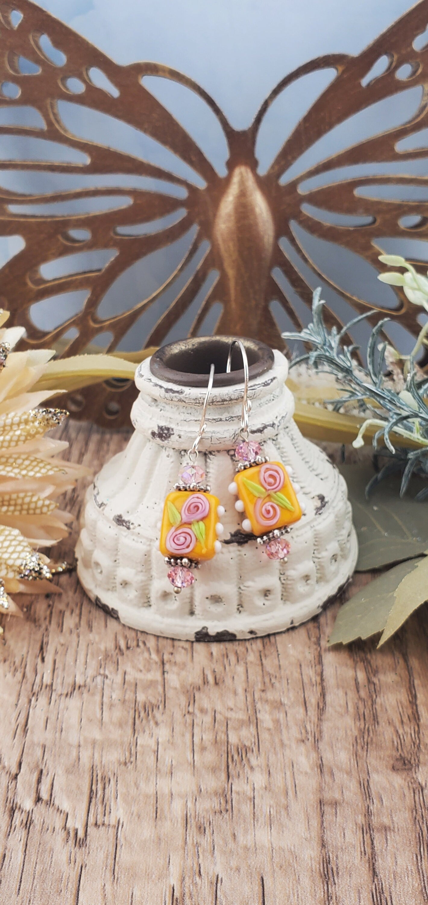 Citrus Blooms Artisan Glass Earrings, Lampwork Glass Bead by Grace Lampwork Beads, Silver Filled Earring Wire