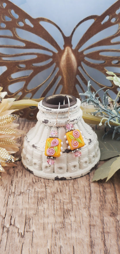 Citrus Blooms Artisan Glass Earrings, Lampwork Glass Bead by Grace Lampwork Beads, Silver Filled Earring Wire