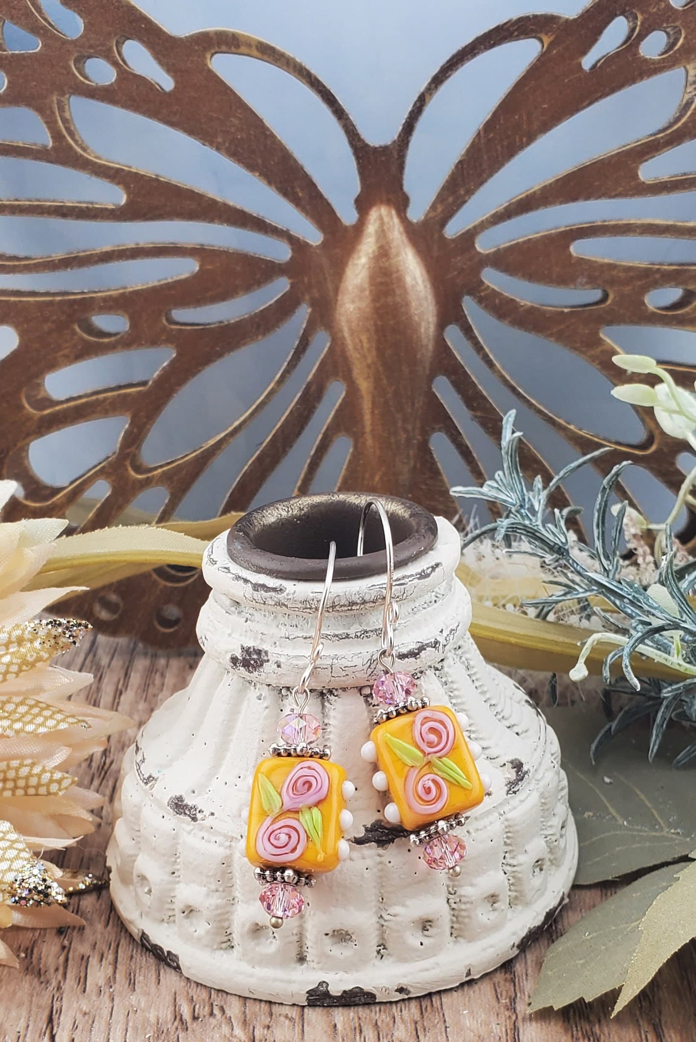Citrus Blooms Artisan Glass Earrings, Lampwork Glass Bead by Grace Lampwork Beads, Silver Filled Earring Wire