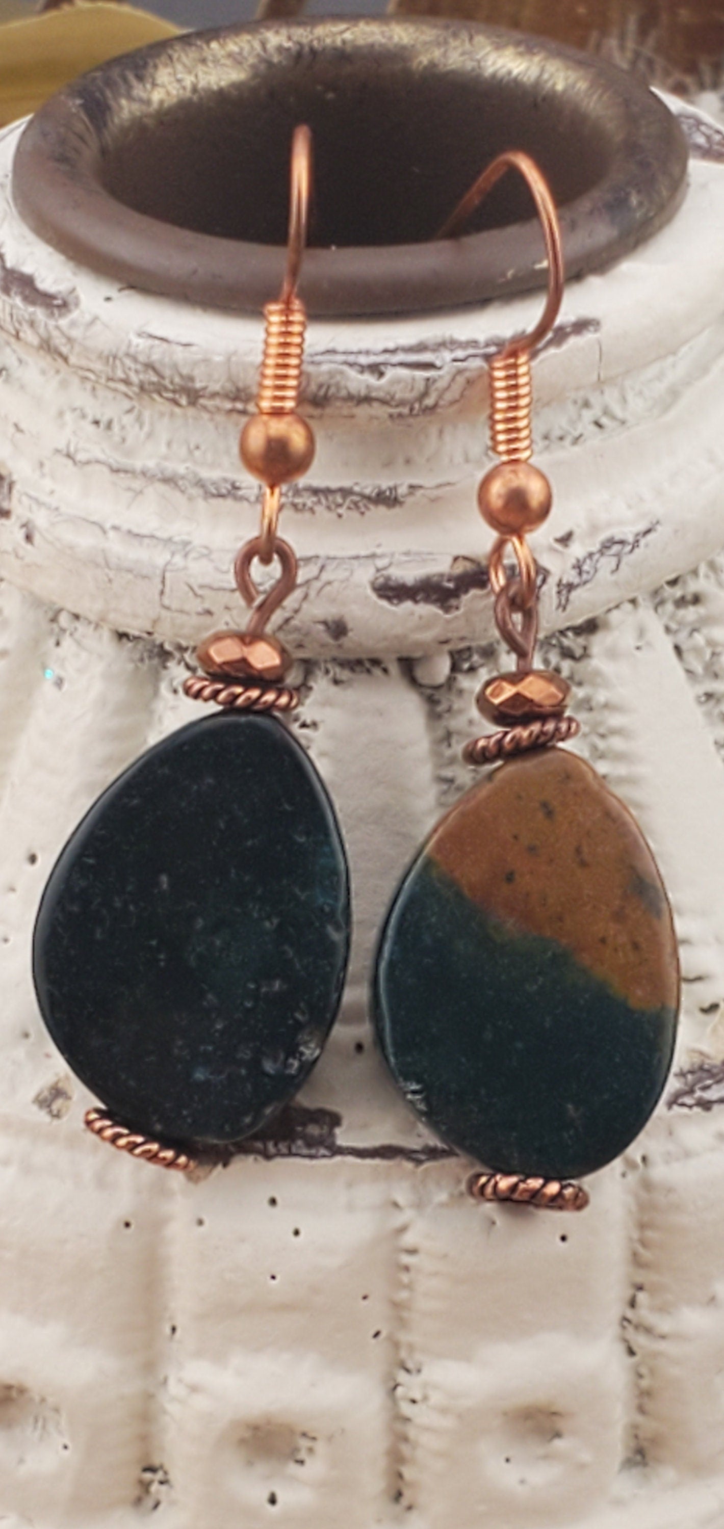 Kabamby Ocean Jasper Earrings, Copper Earring Wire 13x18mm