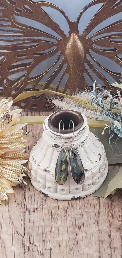 Labradorite 12x35 mm Earrings, Silver Filled Earring Wire