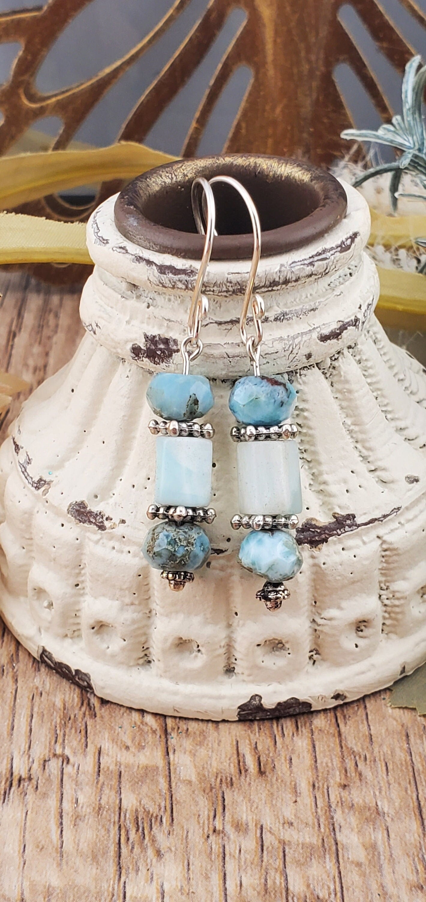 Larimar 5 x 10 mm Earrings, Silver Filled Earring Wire