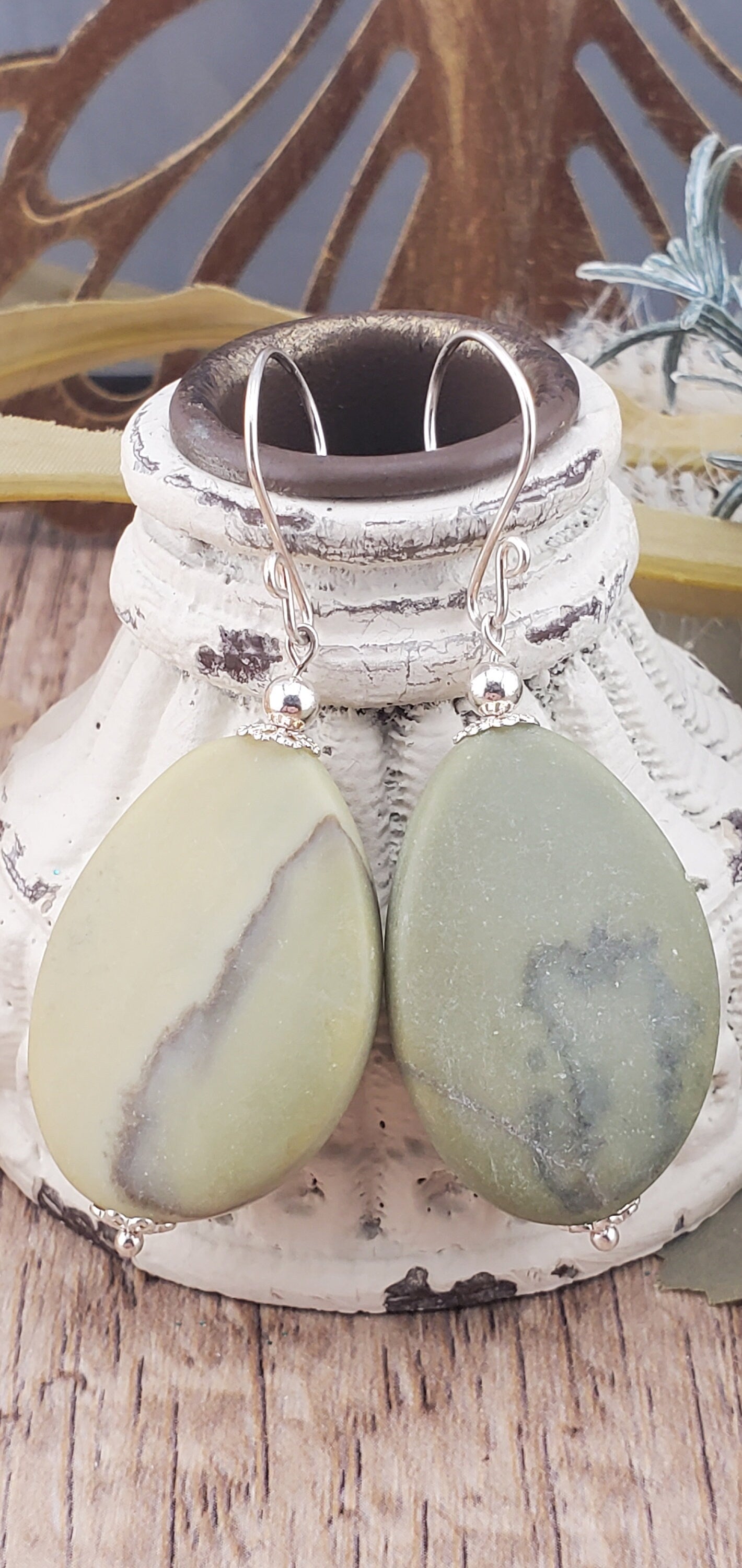 Matte Australian Butter Jasper 25x33mm Earrings, Silver Filled Earring Wire