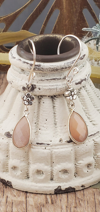 Peach Moonstone 9x18mm Earrings, Silver Filled Earring Wire