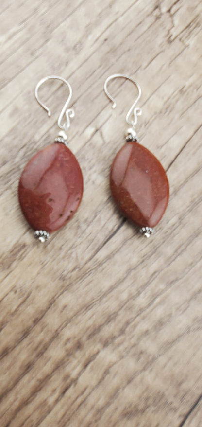 Red Ocean Jasper Earrings, Silver Filled Earring Wire