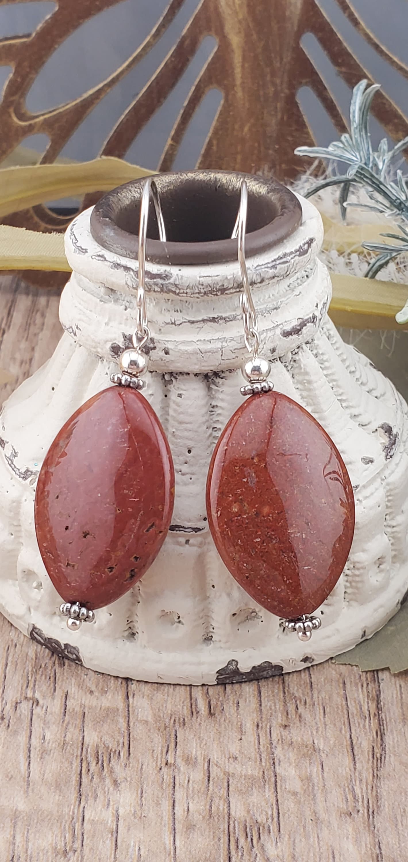 Red Ocean Jasper Earrings, Silver Filled Earring Wire