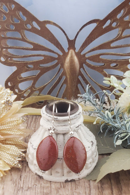 Red Ocean Jasper Earrings, Silver Filled Earring Wire