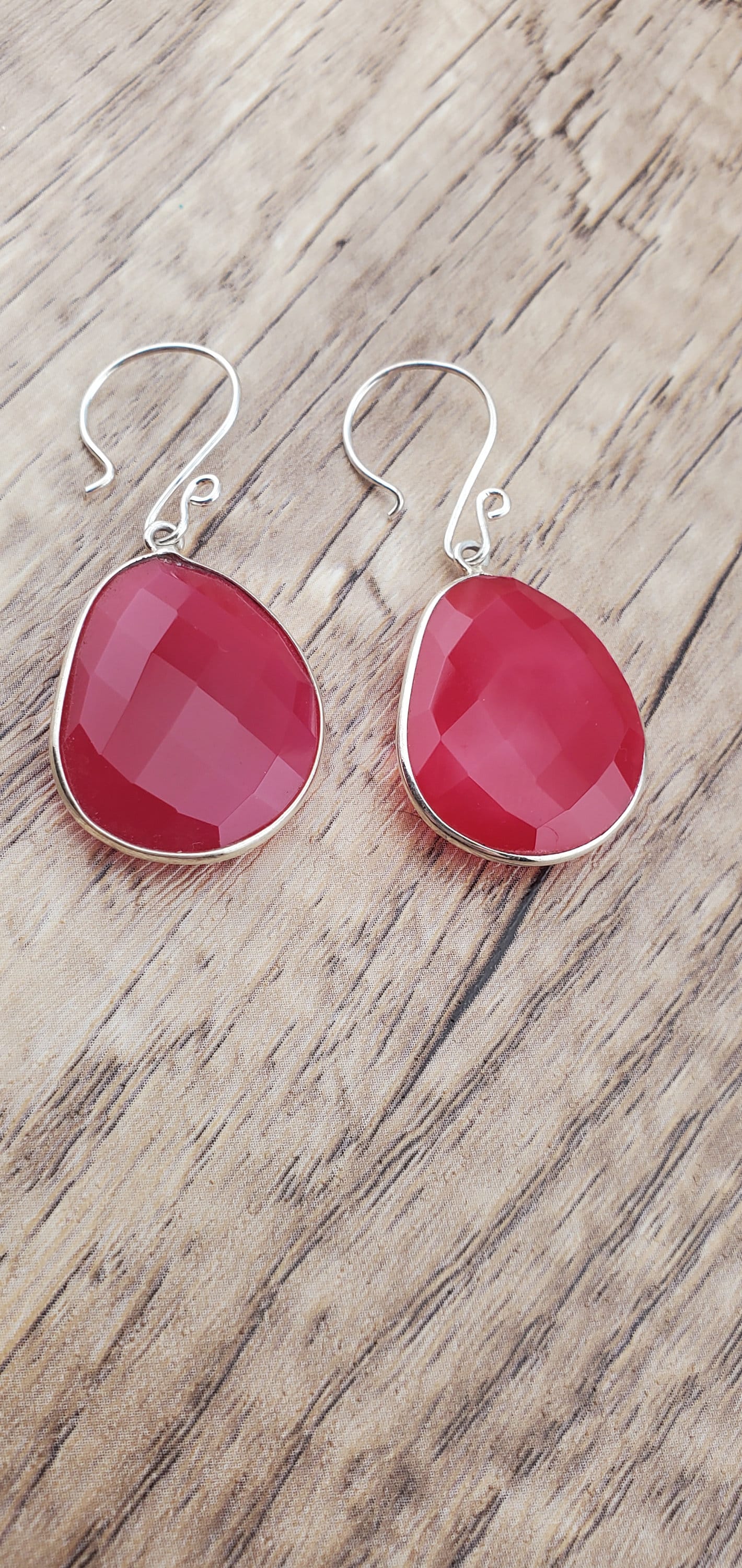 Hot Pink Chalcedony 22x30 mm Earrings, Silver Filled Earring Wire