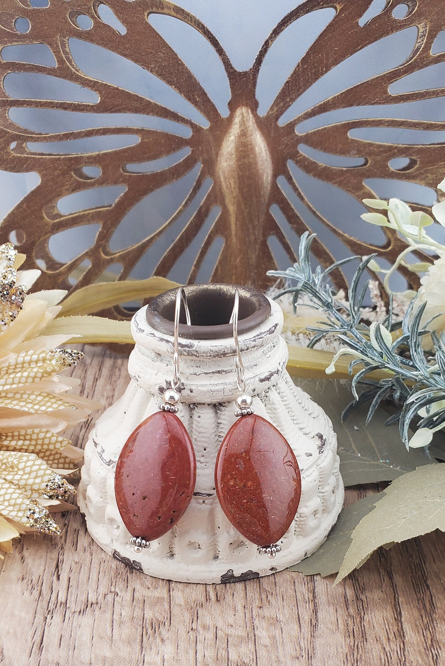 Red Ocean Jasper Earrings, Silver Filled Earring Wire