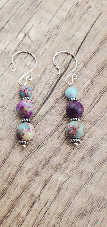 Purple/Blue Impression 6x8mm Jasper Earrings, Silver Filled Earring Wire