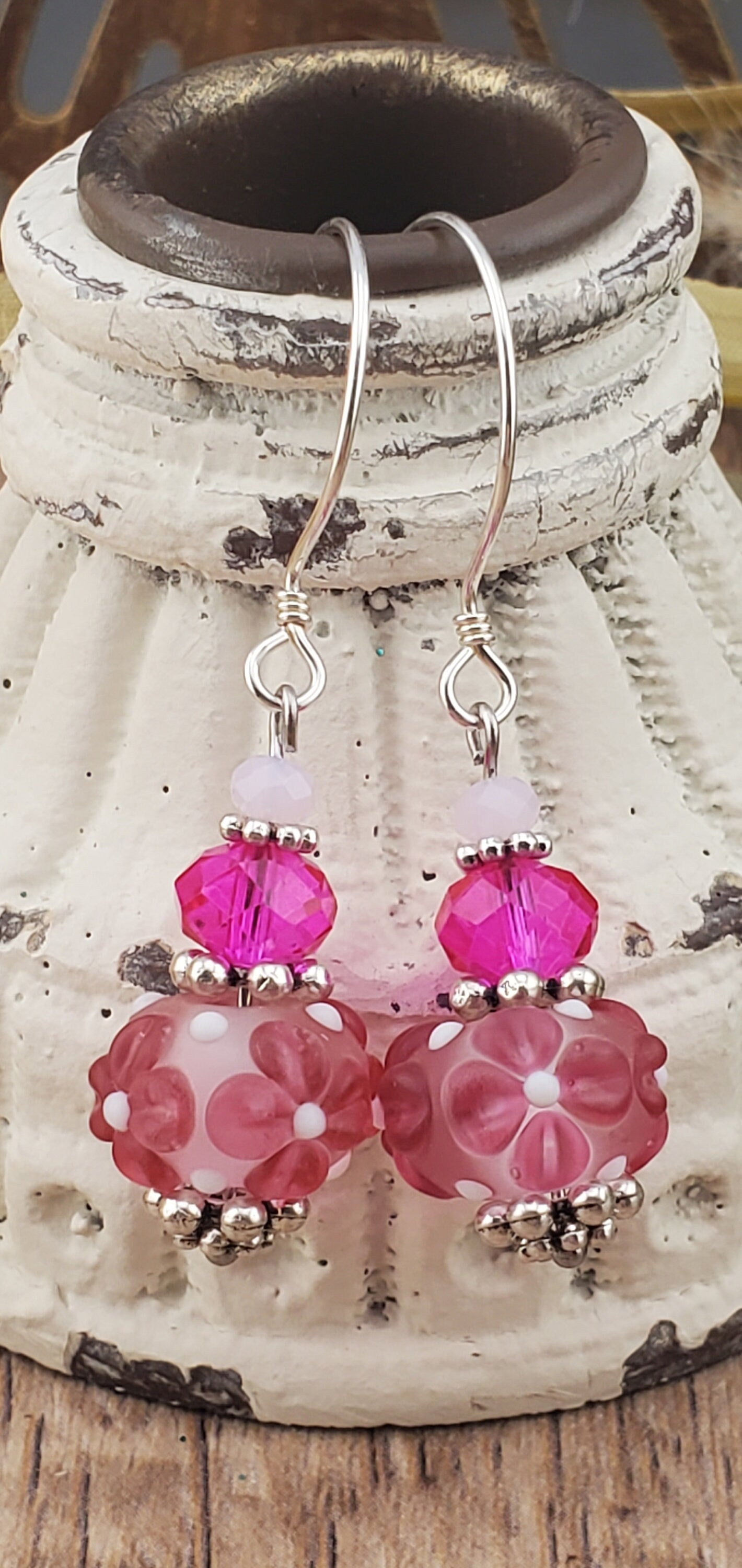 Pretty In Pink Artisan Glass Earrings, Lampwork Glass Bead by Grace Lampwork Beads, Sterling Silver Earring Wire