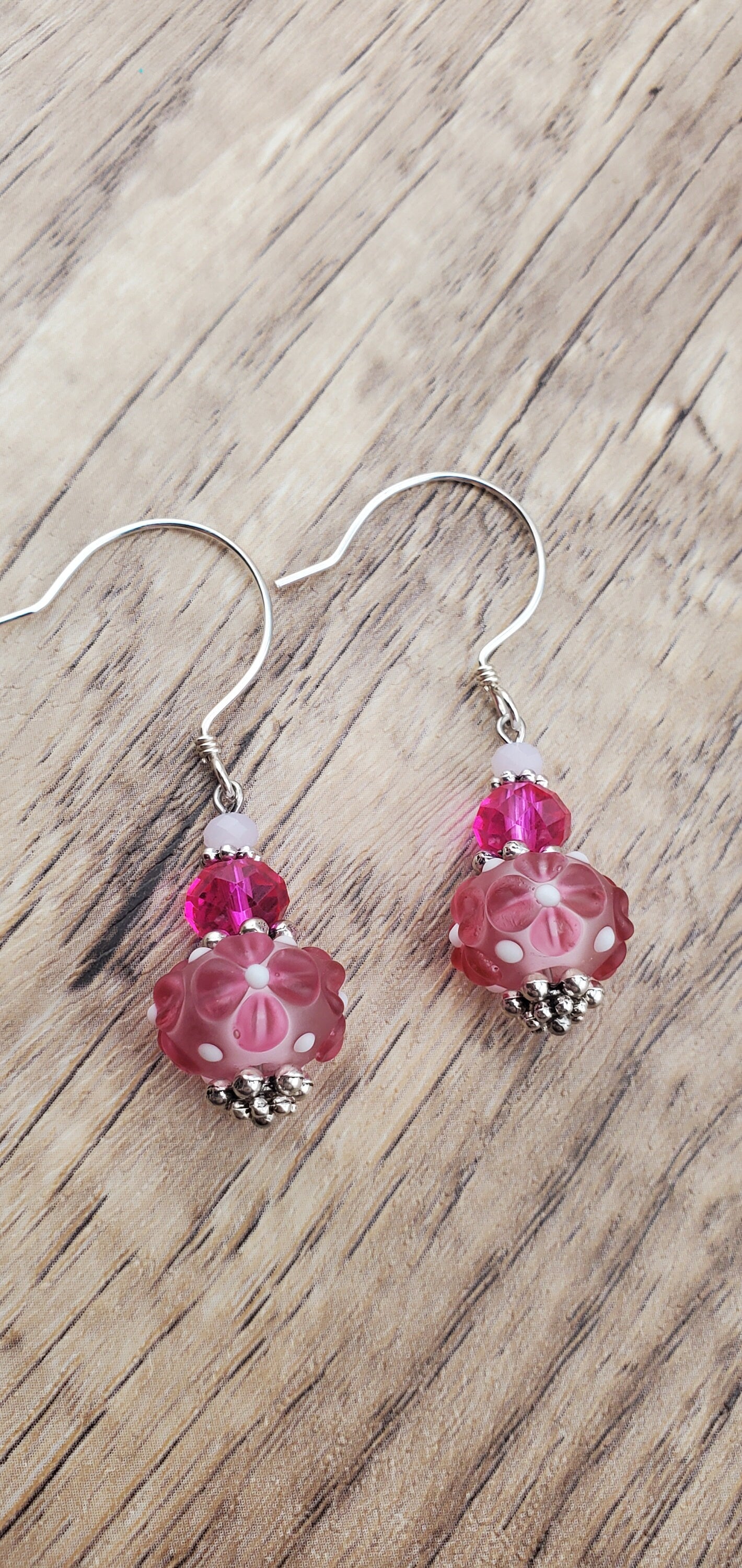 Pretty In Pink Artisan Glass Earrings, Lampwork Glass Bead by Grace Lampwork Beads, Sterling Silver Earring Wire