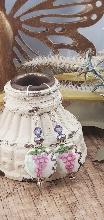 Achieve Grapeness Artisan Glass Earrings, Lampwork Glass Bead by Grace Lampwork Beads, Sterling Silver Earring Wire