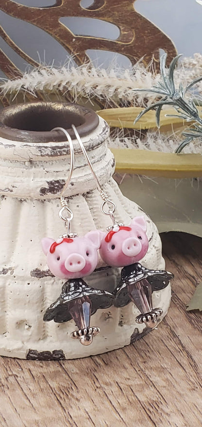 Getting Piggy with It Artisan Glass Earrings, Lampwork Glass Bead by Grace Lampwork Beads, Sterling Silver Earring Wire