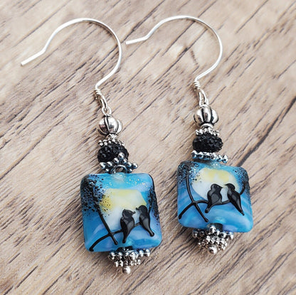 I just Cawed to say I love you Artisan Glass Earrings, Lampwork Glass Bead by Grace Lampwork Beads, Sterling Silver Earring Wire