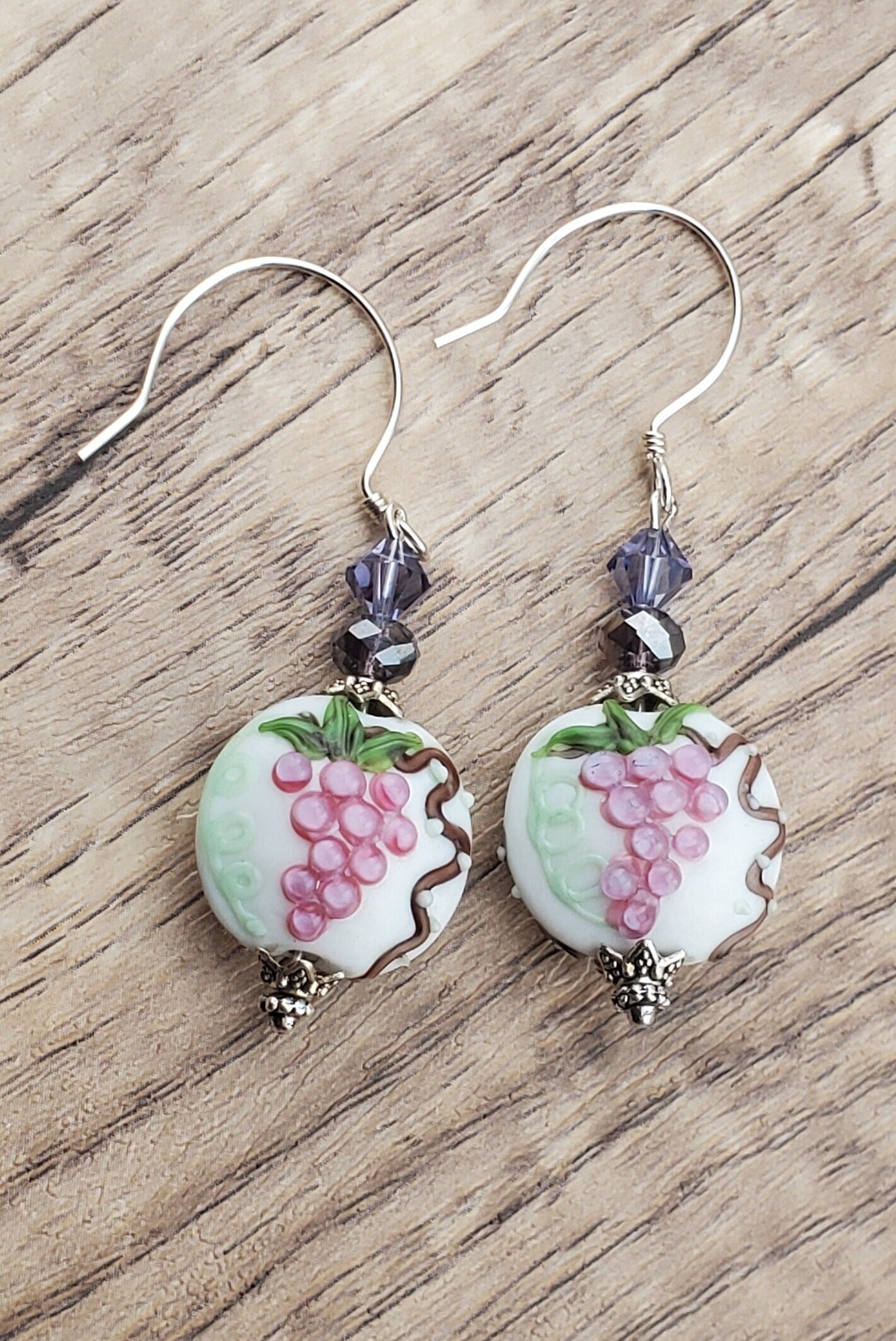 Achieve Grapeness Artisan Glass Earrings, Lampwork Glass Bead by Grace Lampwork Beads, Sterling Silver Earring Wire