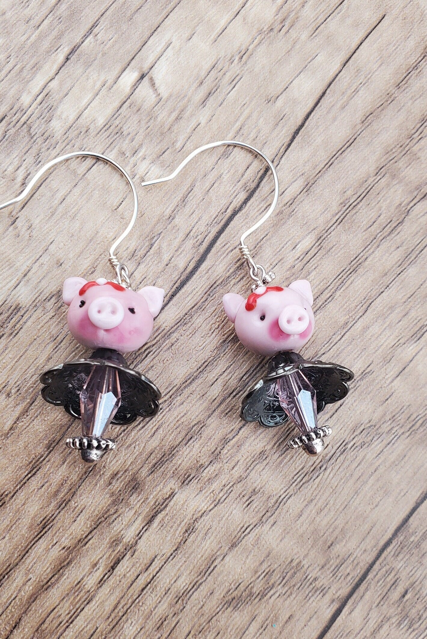 Getting Piggy with It Artisan Glass Earrings, Lampwork Glass Bead by Grace Lampwork Beads, Sterling Silver Earring Wire