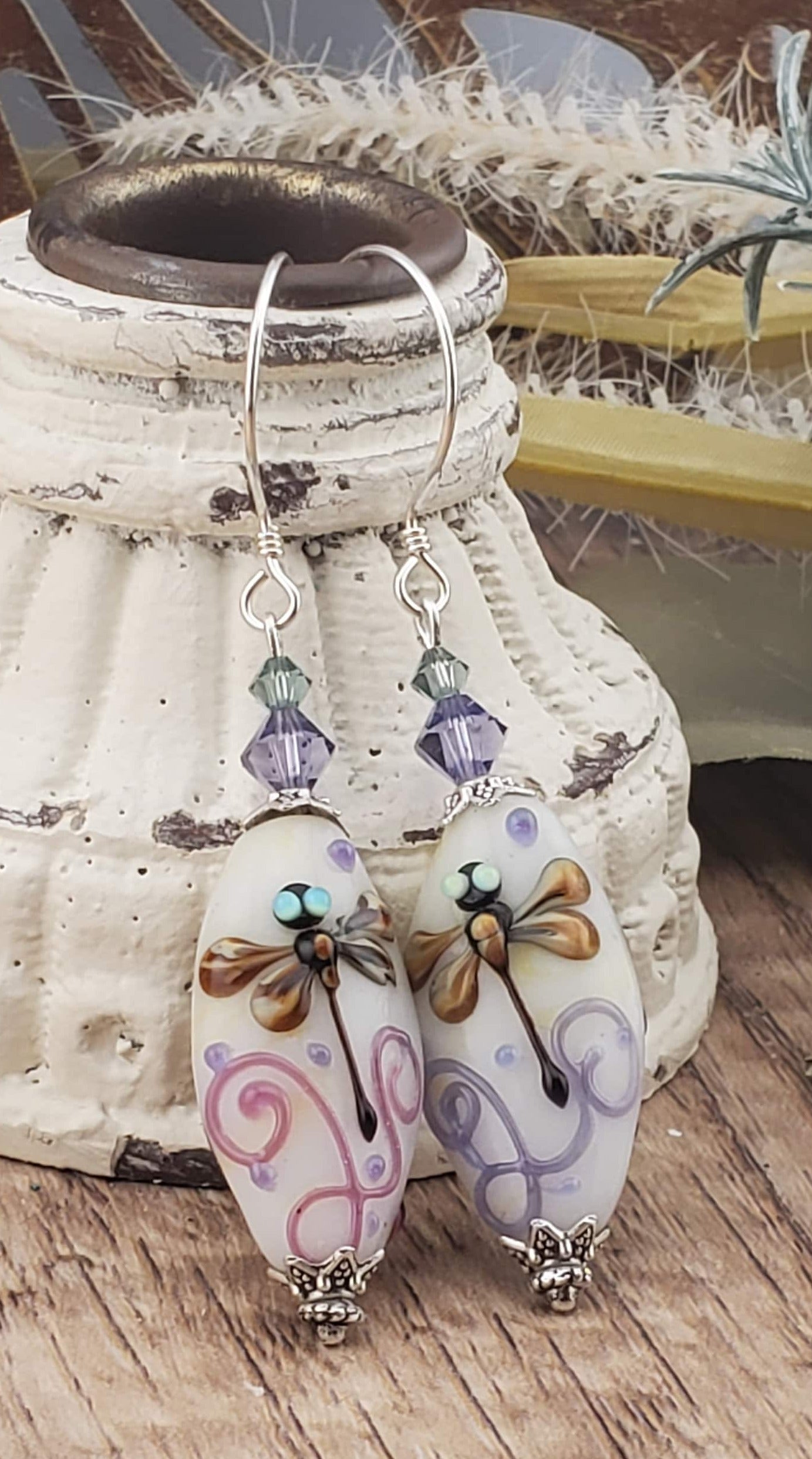 Peace, Love and Dragonflies Artisan Glass Earrings, Lampwork Glass Bead , Sterling Silver Earring Wire