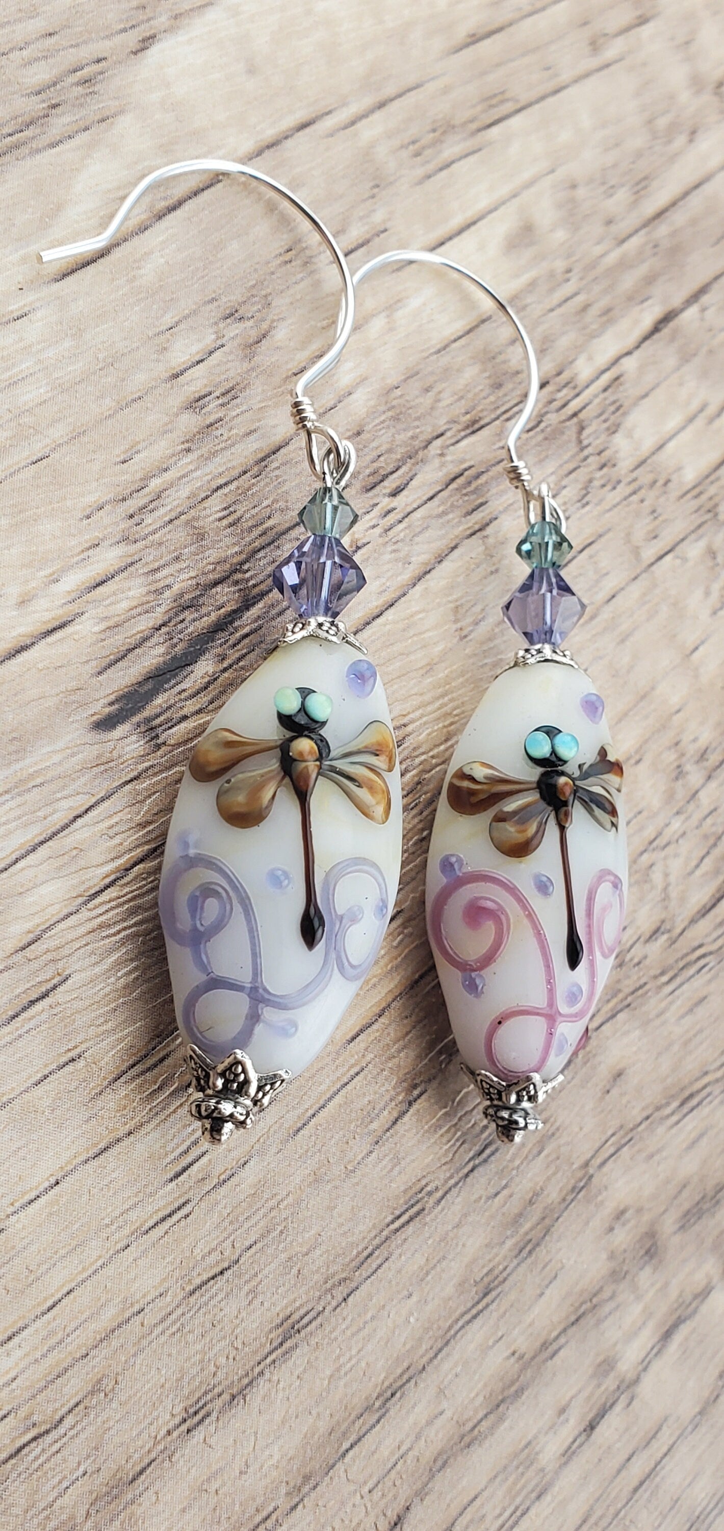 Peace, Love and Dragonflies Artisan Glass Earrings, Lampwork Glass Bead , Sterling Silver Earring Wire