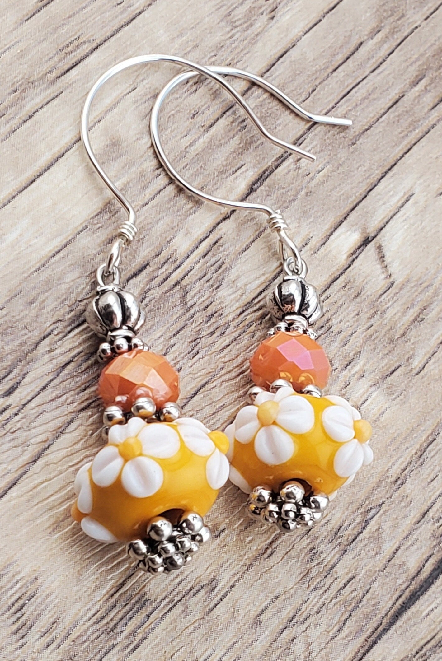 Sunset Blossom Artisan Glass Earrings, Lampwork Glass Bead by Grace Lampwork Beads, Sterling Silver Earring Wire