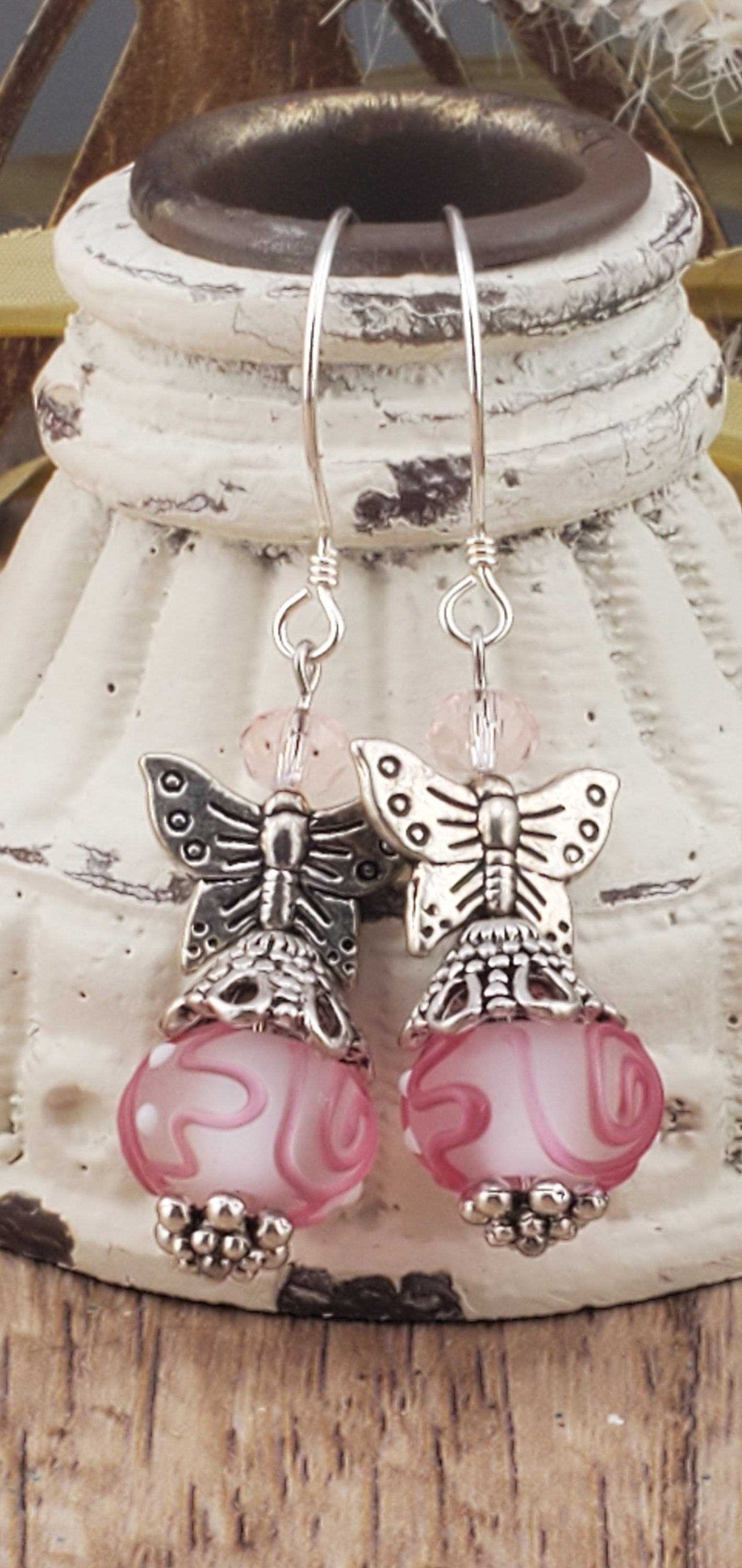 You make my Heart Flutter Artisan Glass Earrings, Lampwork Glass Bead by Grace Lampwork Beads, Sterling Silver Earring Wire