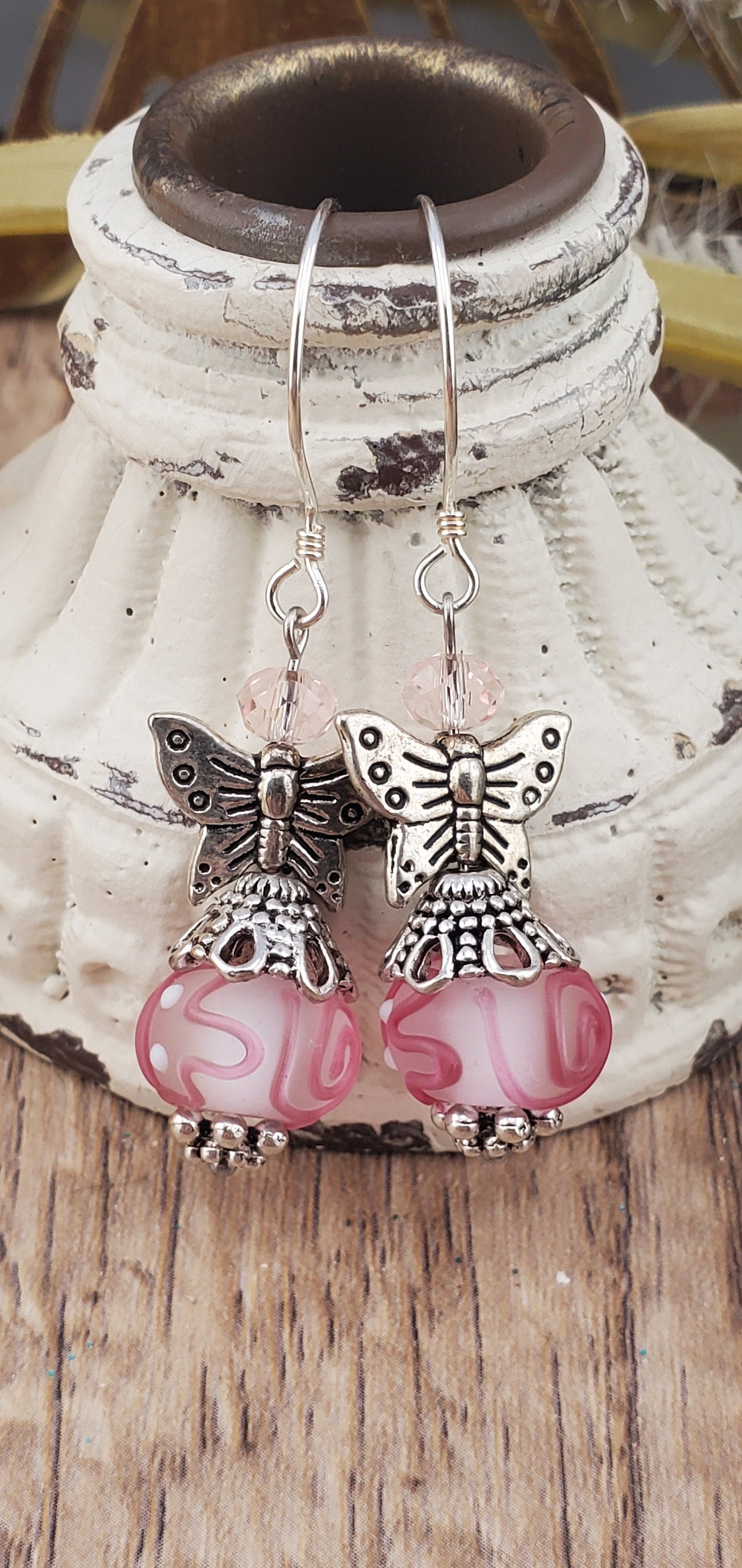 You make my Heart Flutter Artisan Glass Earrings, Lampwork Glass Bead by Grace Lampwork Beads, Sterling Silver Earring Wire