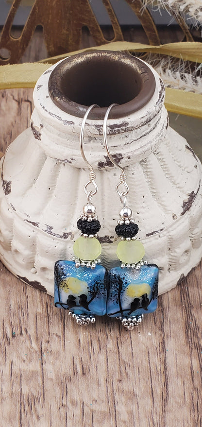 Lovebirds Artisan Glass Earrings, Lampwork Glass Bead by Grace Lampwork Beads, Sterling Silver Earring Wire