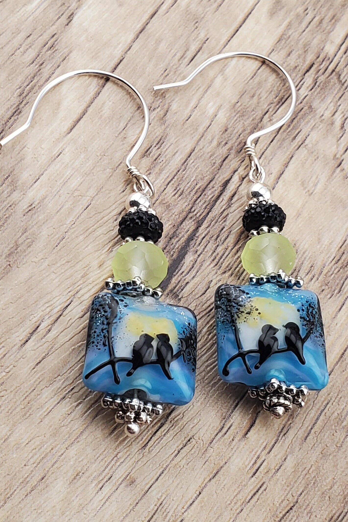 Lovebirds Artisan Glass Earrings, Lampwork Glass Bead by Grace Lampwork Beads, Sterling Silver Earring Wire