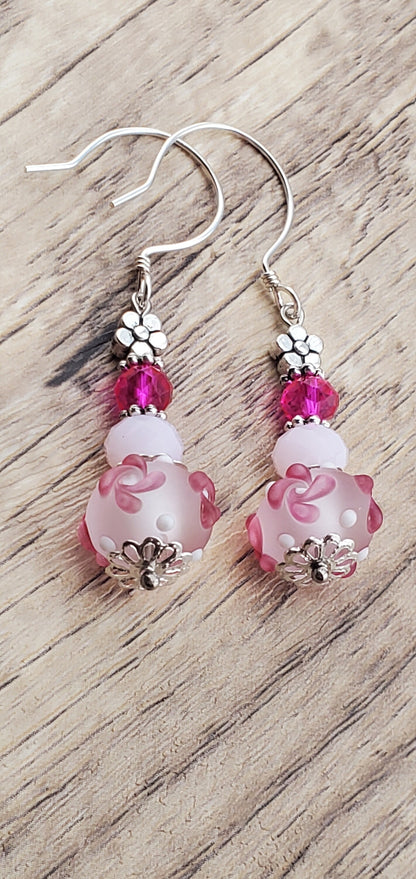 Flower Child Artisan Glass Earrings, Lampwork Glass Bead by Grace Lampwork Beads, Sterling Silver Earring Wire