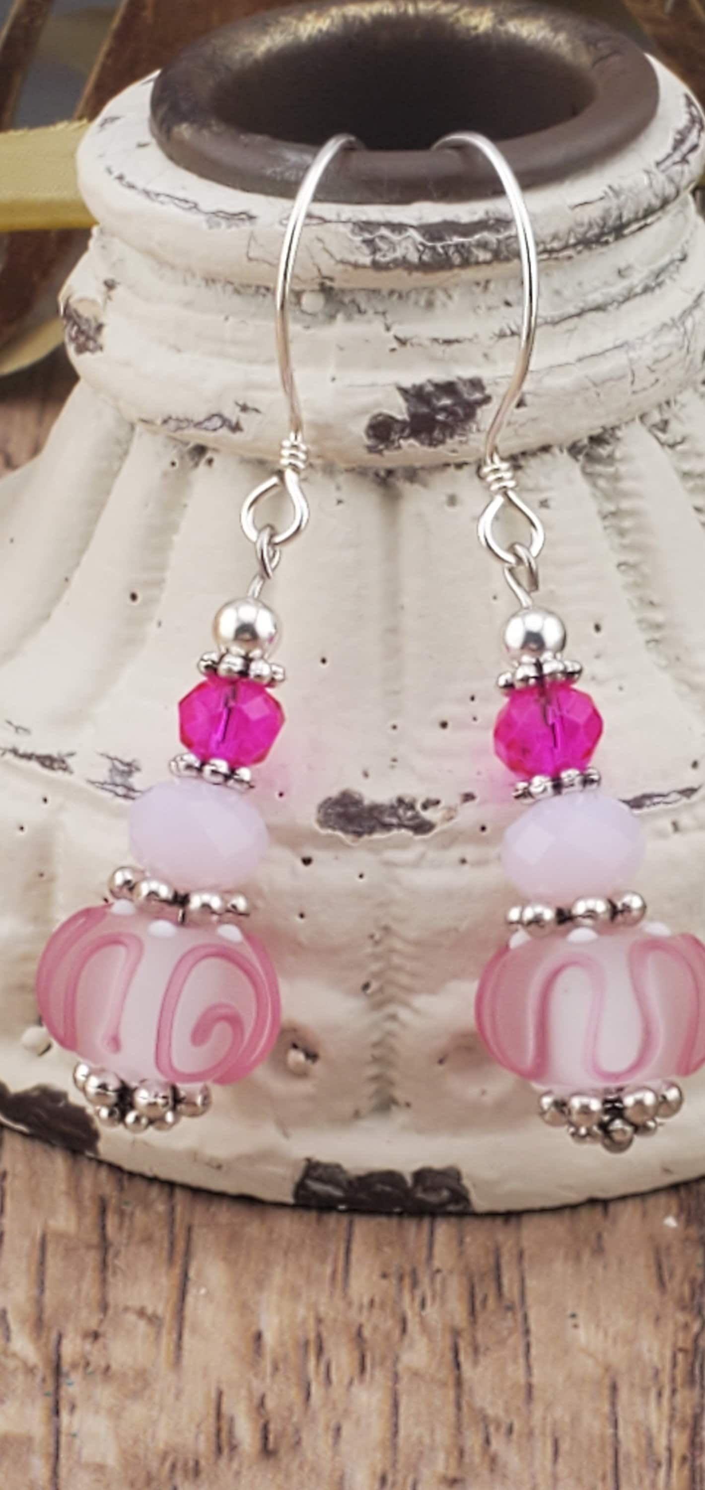 Tickle me Pink Artisan Glass Earrings, Lampwork Glass Bead by Grace Lampwork Beads, Sterling Silver Earring Wire