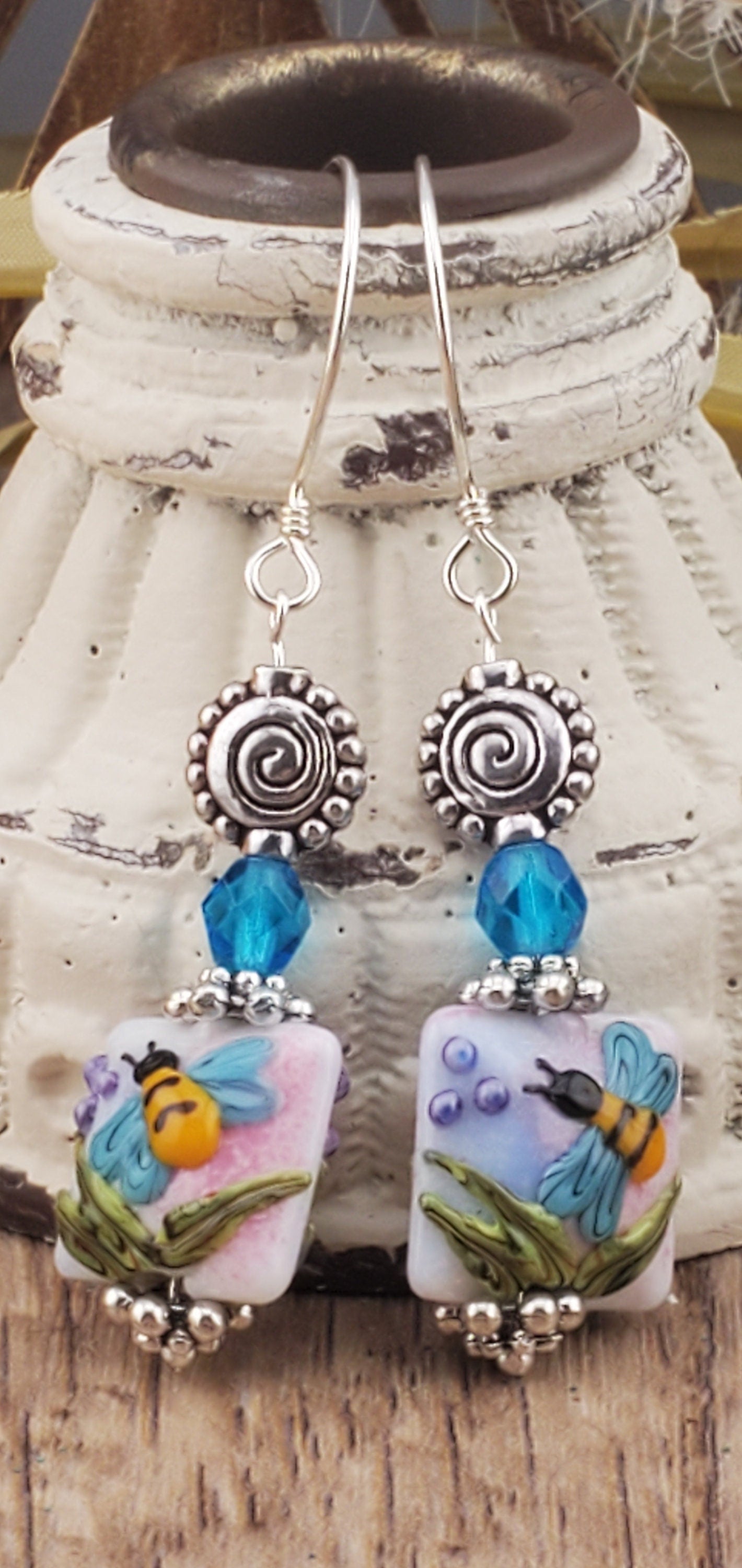 Bee Yourself Artisan Glass Earrings, Lampwork Glass Bead by Grace Lampwork Beads, Sterling Silver Earring Wire