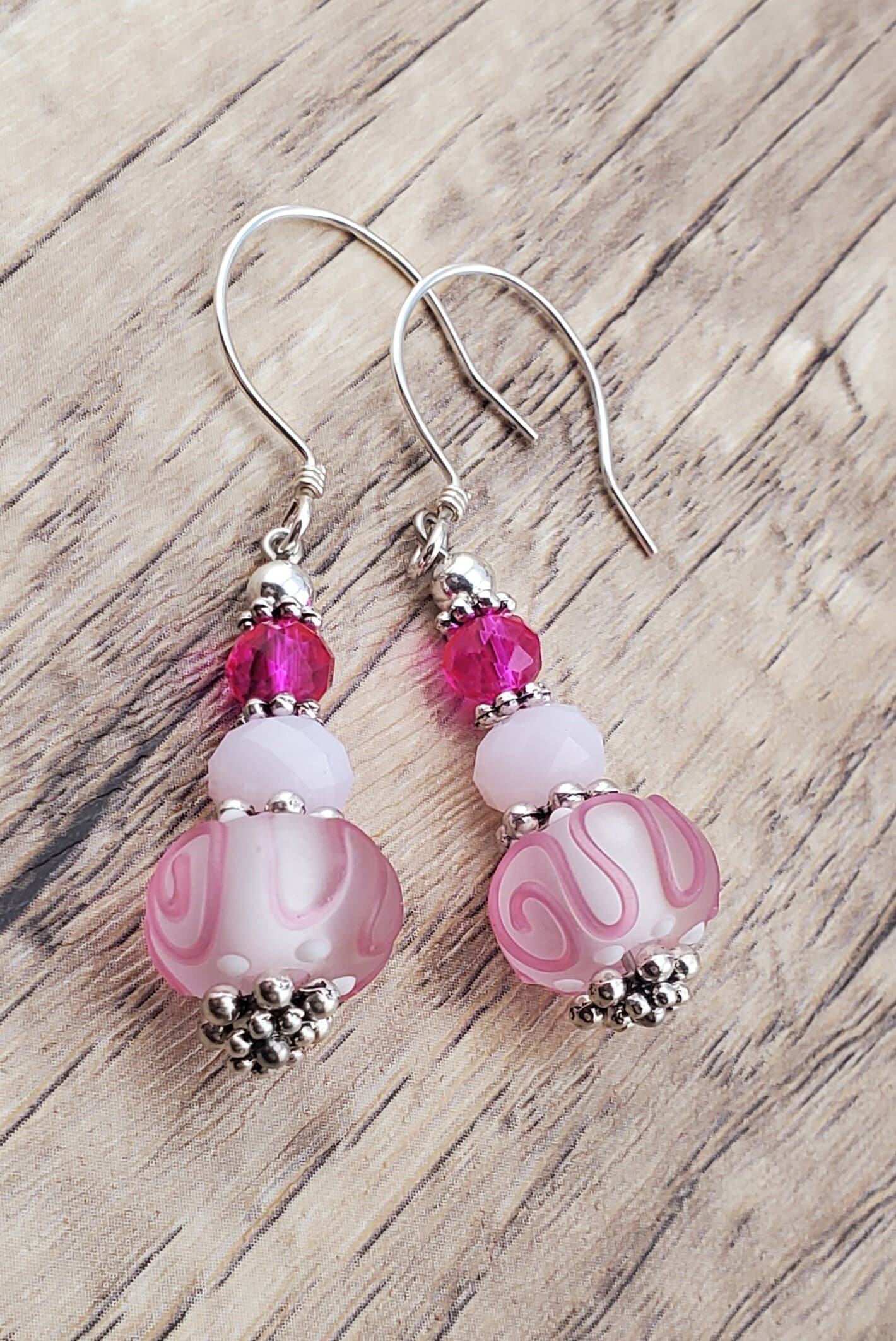 Tickle me Pink Artisan Glass Earrings, Lampwork Glass Bead by Grace Lampwork Beads, Sterling Silver Earring Wire