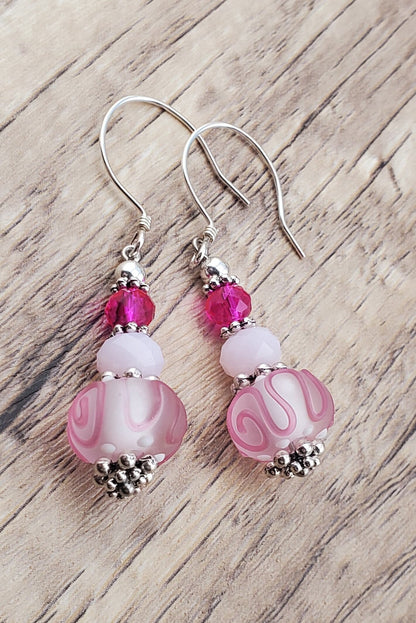 Tickle me Pink Artisan Glass Earrings, Lampwork Glass Bead by Grace Lampwork Beads, Sterling Silver Earring Wire