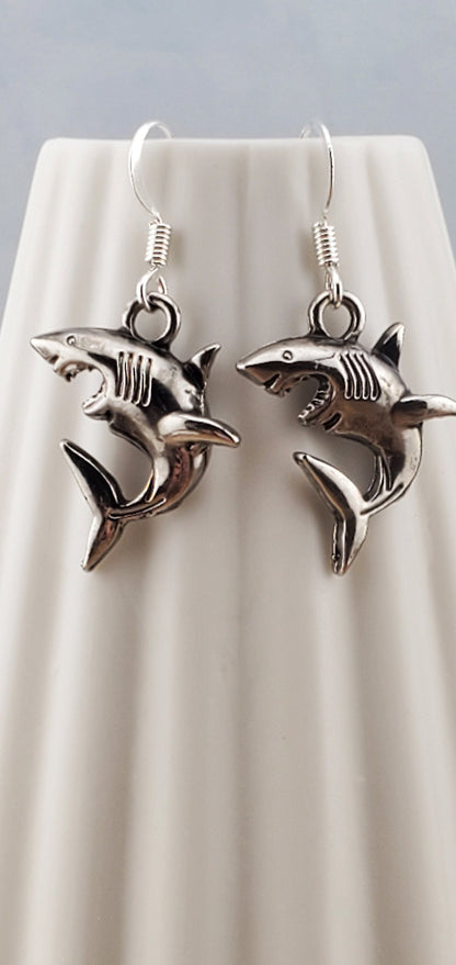 Shark Earrings, Silver Plated Earring Wire