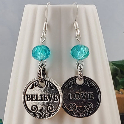 Belief and Love Earrings, Silver Plated Earring Wire