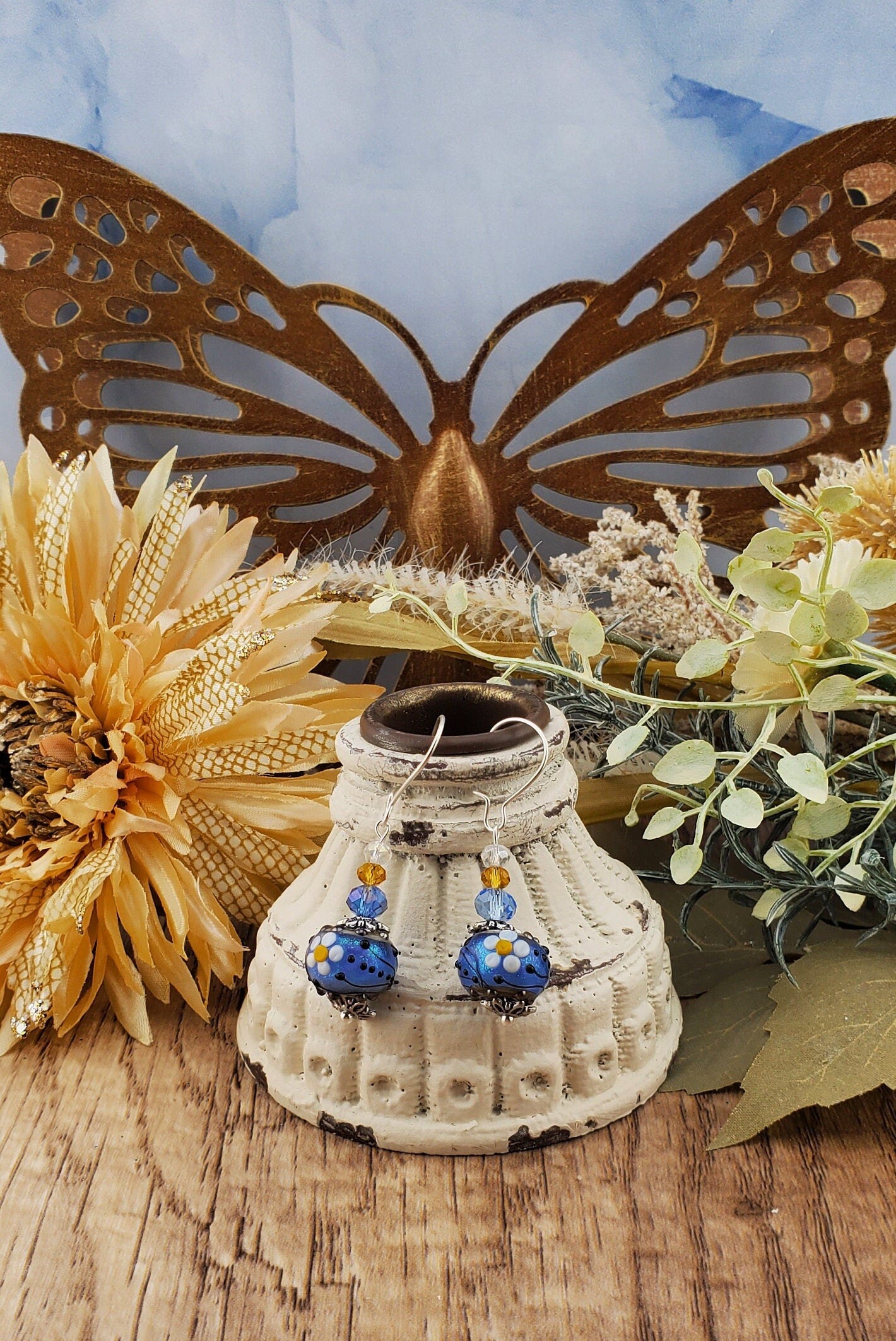 Let Love Blossom Artisan Glass Earrings, Lampwork Glass Bead by Grace Lampwork Beads, Silver Filled Earring Wire