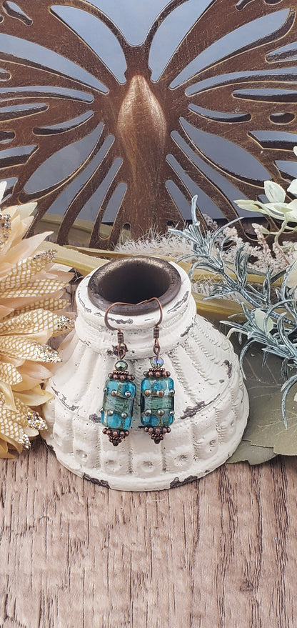 Magic Carpet stunning Artisan Glass Earrings, Lampwork Glass Bead by Grace Lampwork Beads, Copper Earring Wire