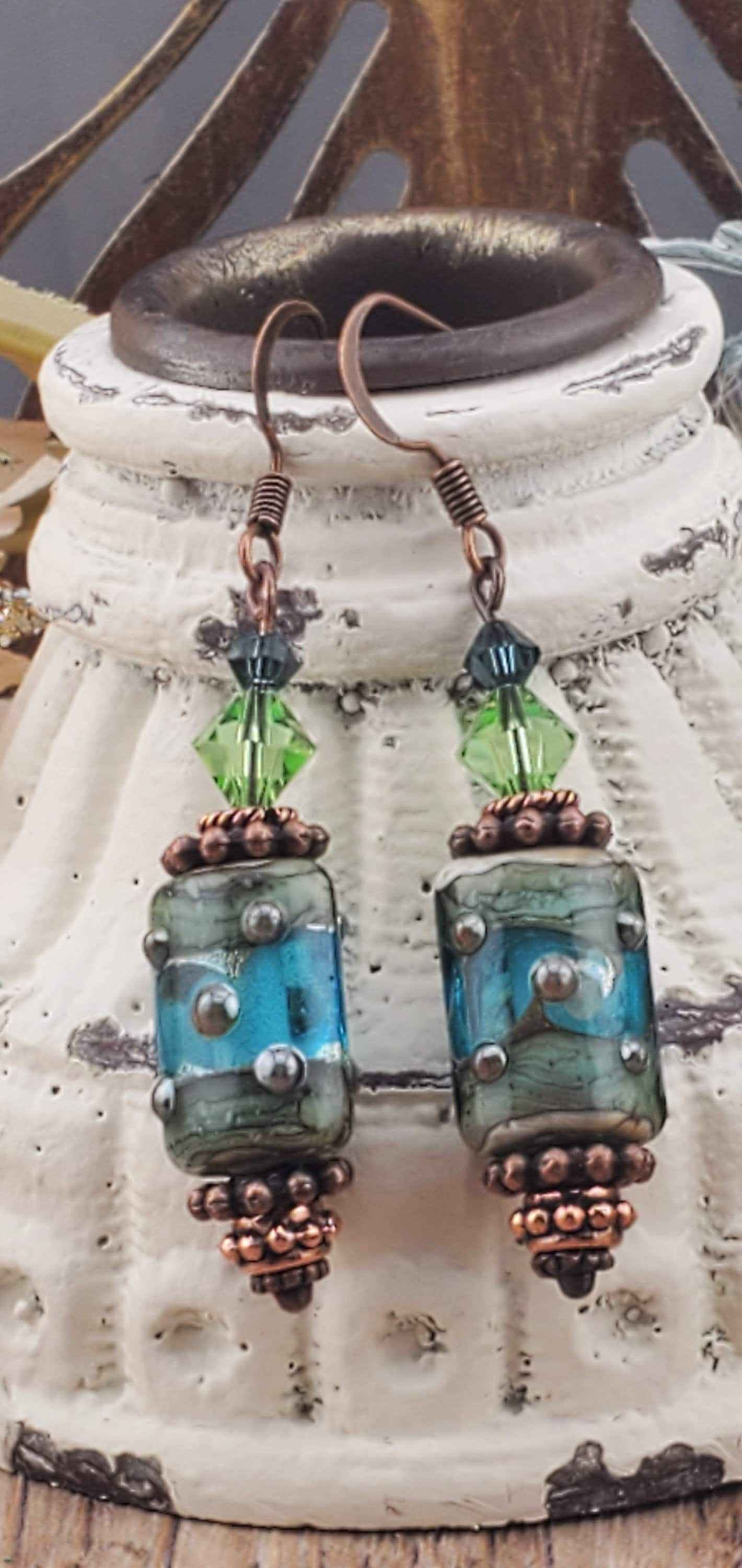 Mystical Bayou stunning Artisan Glass Earrings, Lampwork Glass Bead by Grace Lampwork Beads, Copper Earring Wire