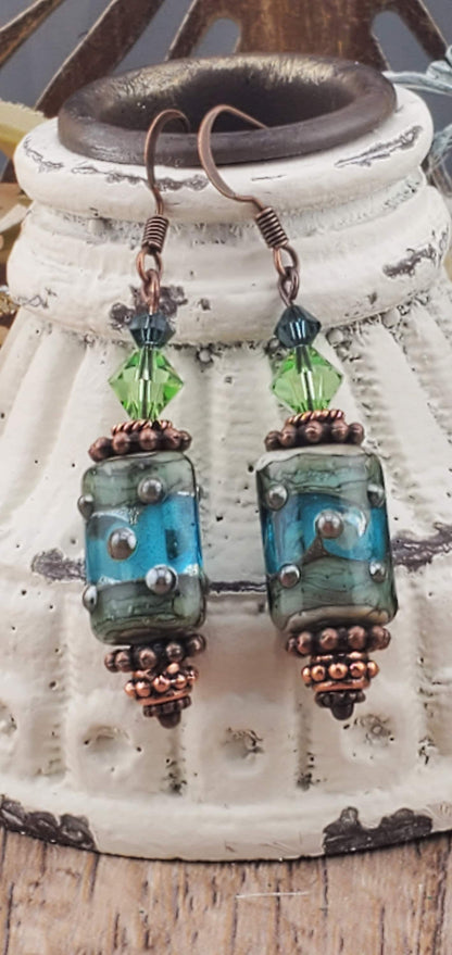 Mystical Bayou stunning Artisan Glass Earrings, Lampwork Glass Bead by Grace Lampwork Beads, Copper Earring Wire