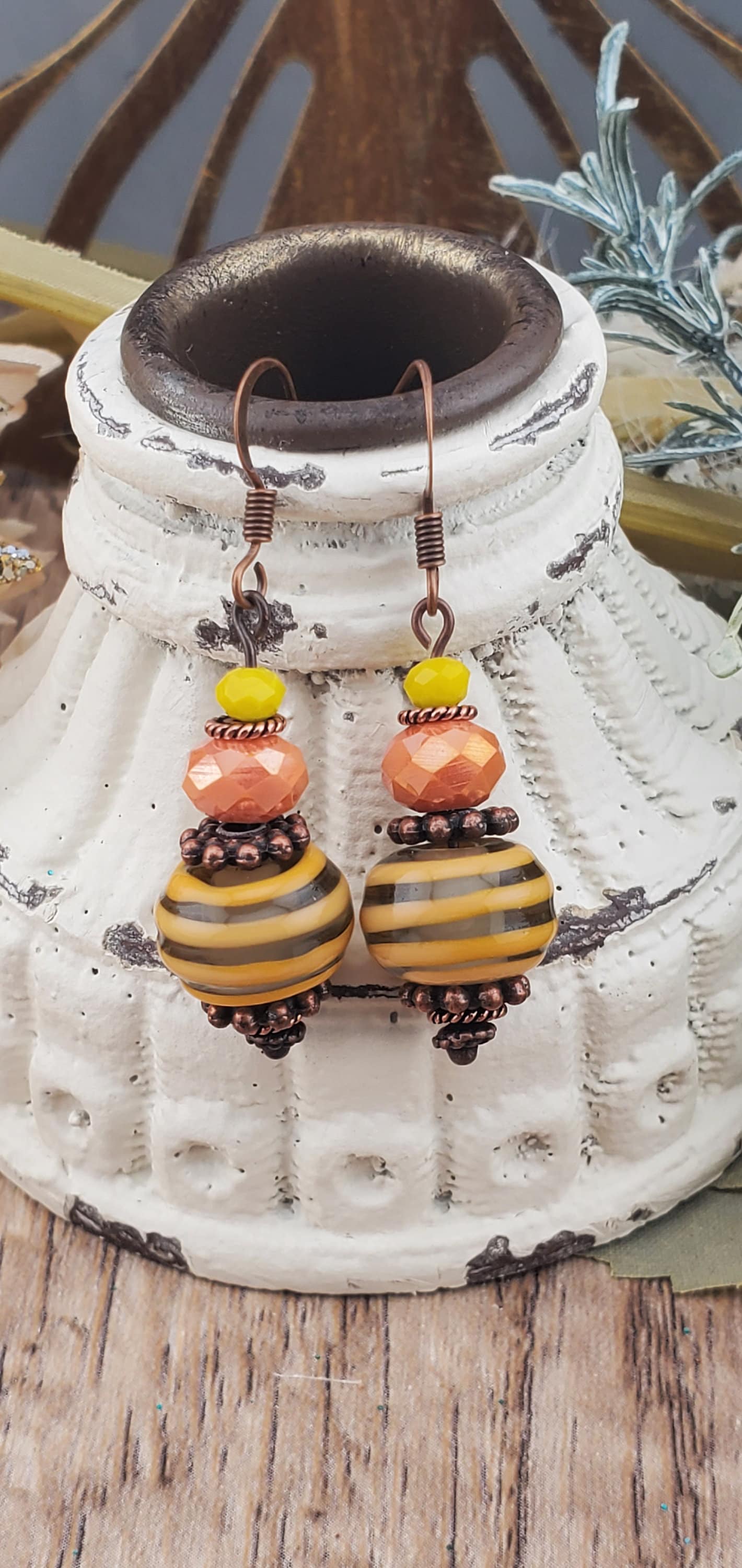 Honey Bee Artisan Glass Earrings, Lampwork Glass Bead by Grace Lampwork Beads, Copper Earring Wire