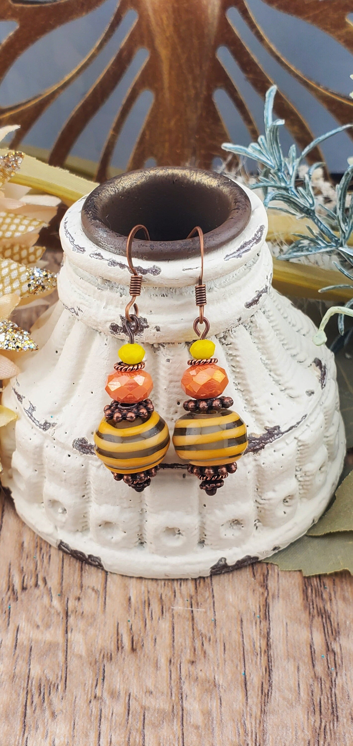 Honey Bee Artisan Glass Earrings, Lampwork Glass Bead by Grace Lampwork Beads, Copper Earring Wire