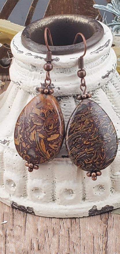 Elephant Skin Jasper Earrings 18x24mm , Copper Earring Wire