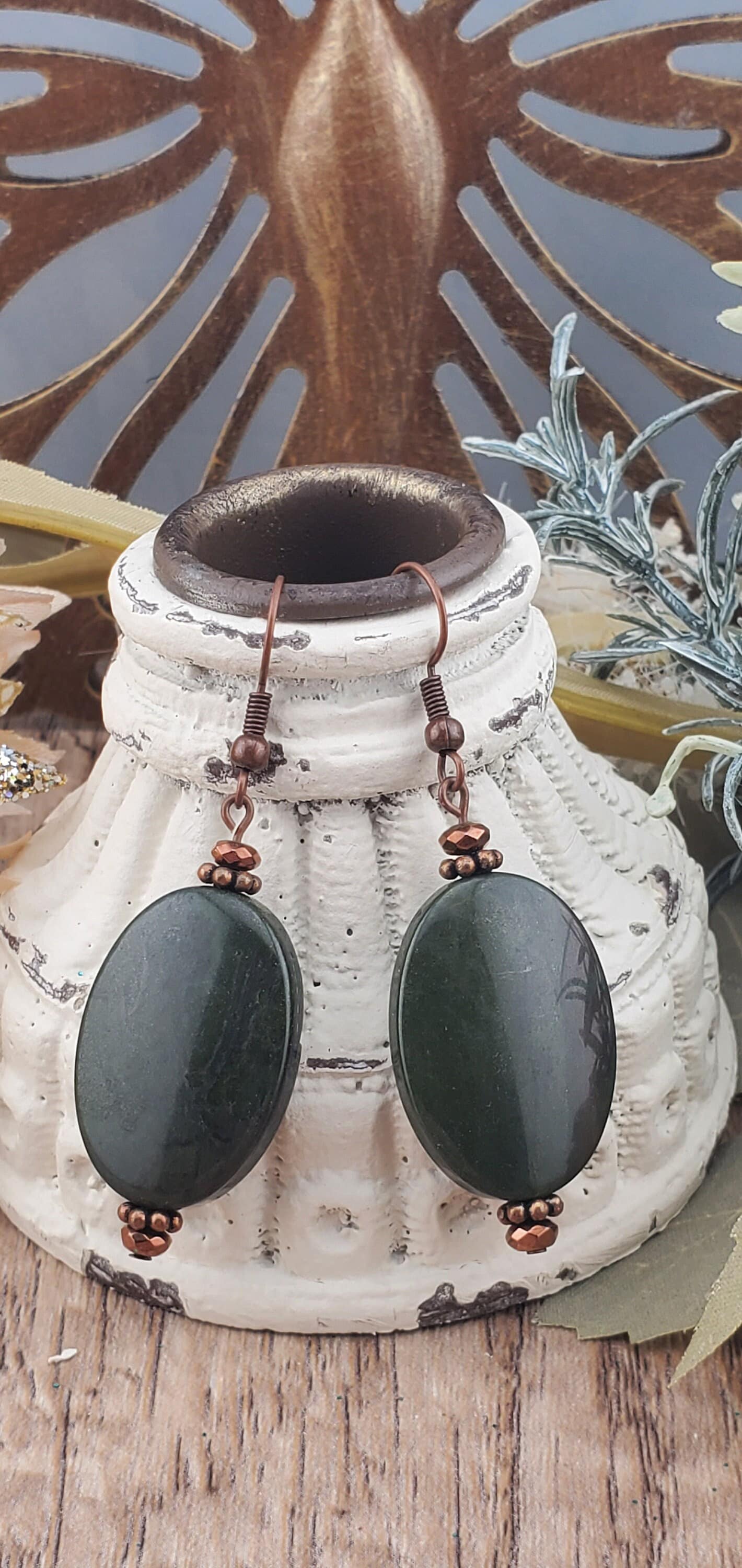 African Grey Jasper Earrings, Copper Earring Wire