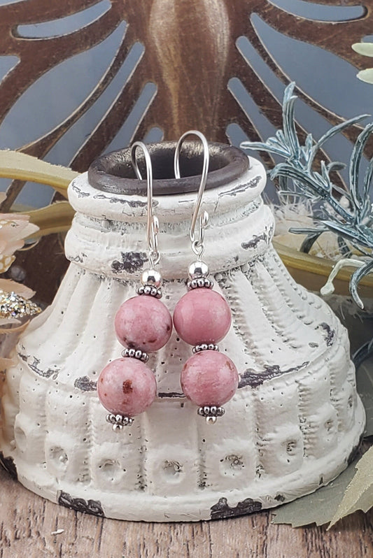 Thulite Banded 10mm Earrings, Silver Filled Earring Wire
