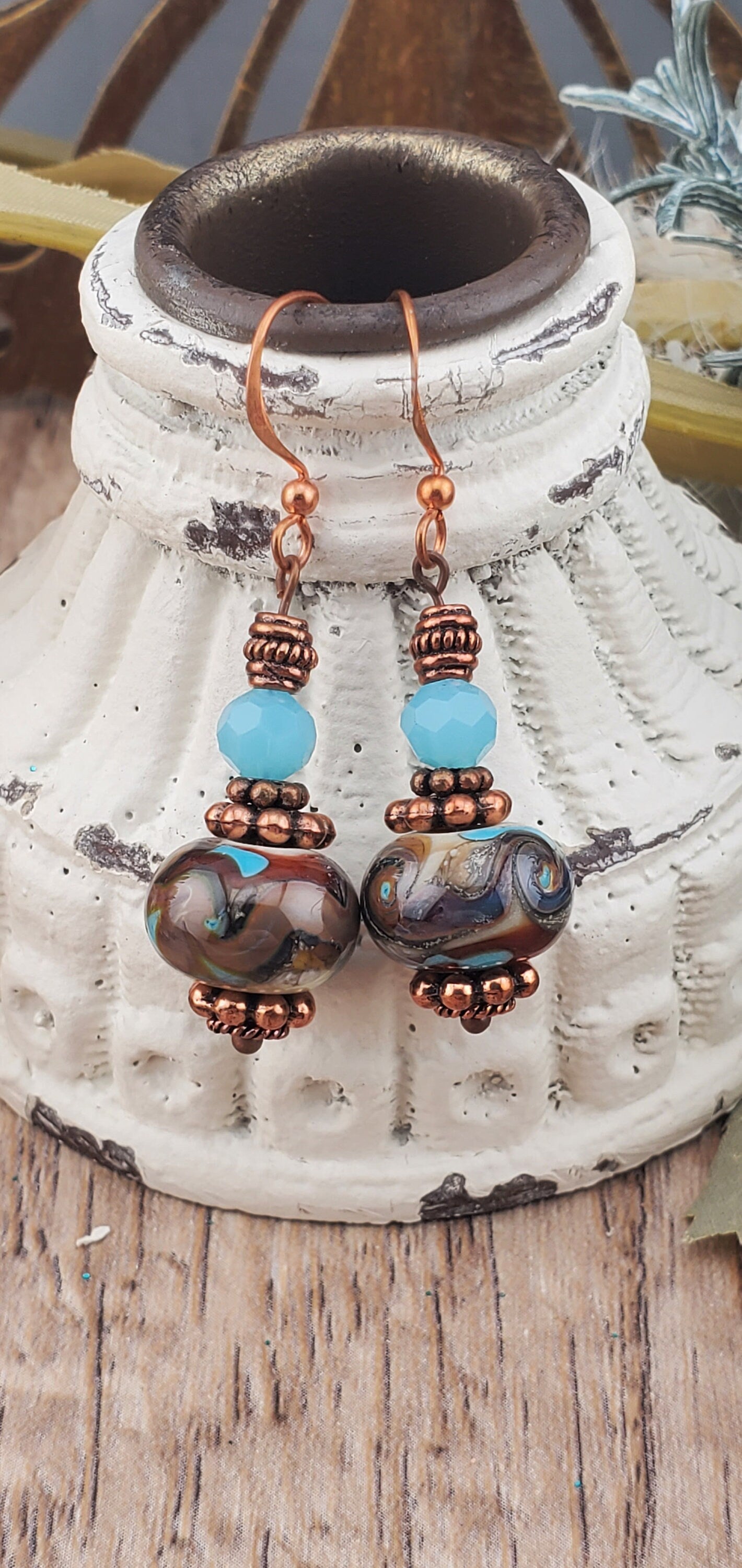Vintage Elegance Artisan Glass Earrings, Lampwork Glass Bead by Grace Lampwork Beads, Copper Earring Wire