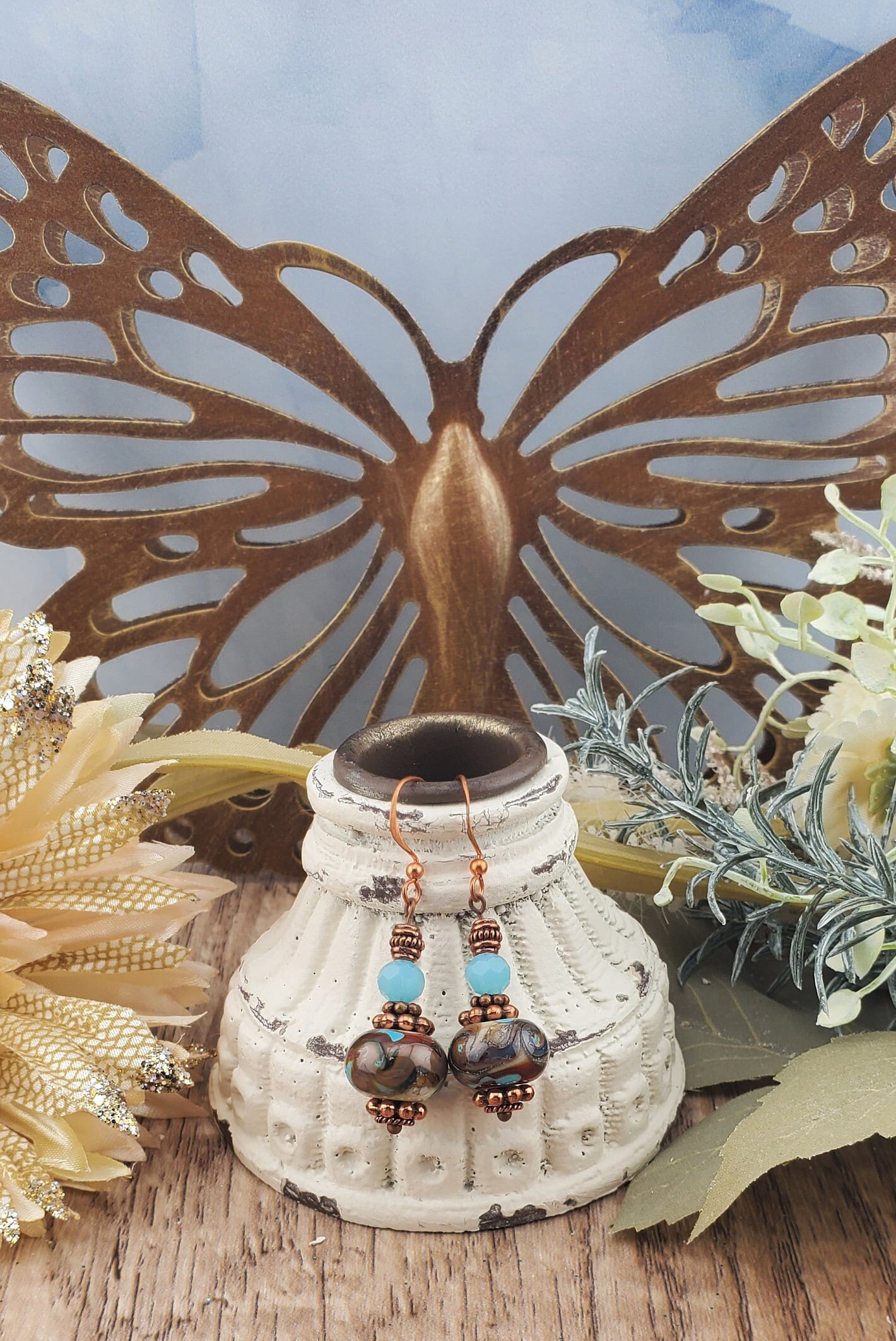 Vintage Elegance Artisan Glass Earrings, Lampwork Glass Bead by Grace Lampwork Beads, Copper Earring Wire