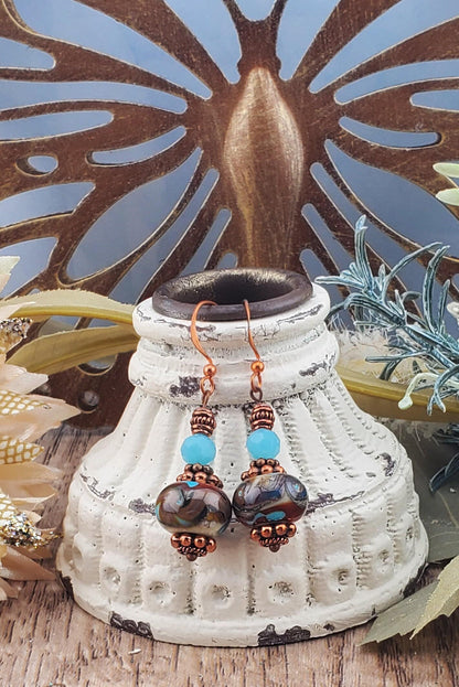 Vintage Elegance Artisan Glass Earrings, Lampwork Glass Bead by Grace Lampwork Beads, Copper Earring Wire